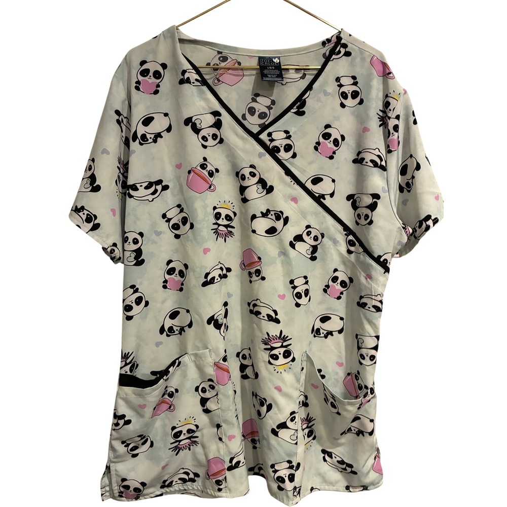 Zoe + Chloe Panda Print Scrub Top Blue V-Neck Mock Wrap Medical Uniform Large
